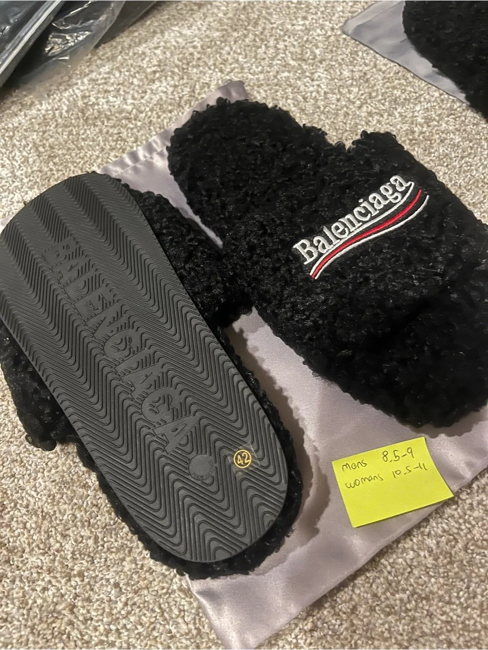 Balenciaga Black Sherpa Logo Slide Slippers with Red & White Accents